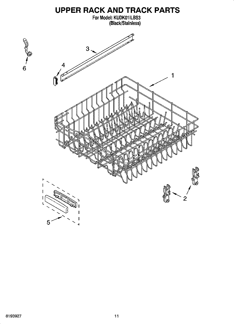 UPPER RACK AND TRACK PARTS Diagram and Parts List for KUDK01ILBS3  KitchenAid Dishwasher