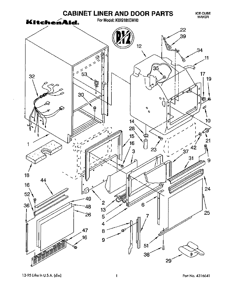 CABINET LINER AND DOOR, LIT/OPTIONAL Diagram and Parts List for KUIS185EWH0  KitchenAid Ice Maker