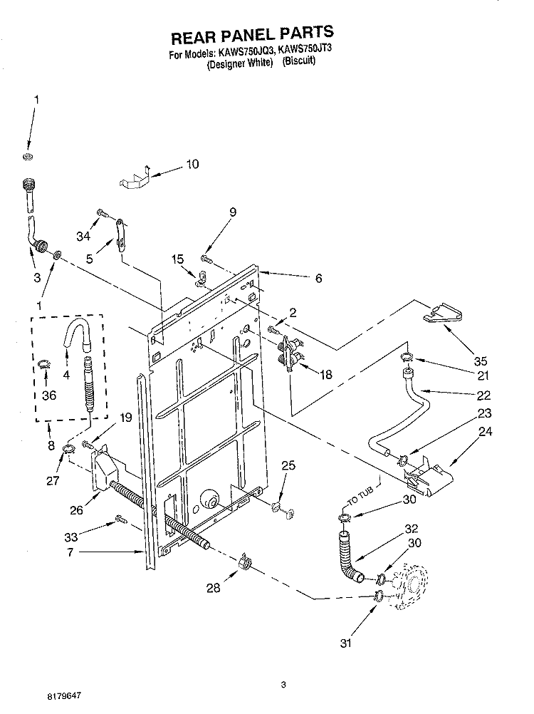REAR PANEL Diagram and Parts List for KAWS750JQ3  KitchenAid Washer
