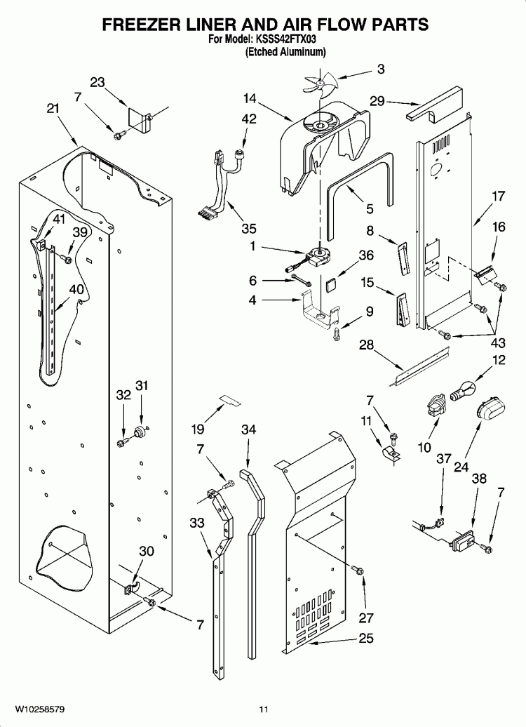 FREEZER LINER AND AIR FLOW PARTS Diagram and Parts List for KSSS42FTX03  KitchenAid Refrigerator