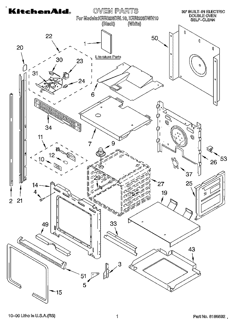 OVEN, LITERATURE Diagram and Parts List for KEBI206DWH10  KitchenAid Wall Oven