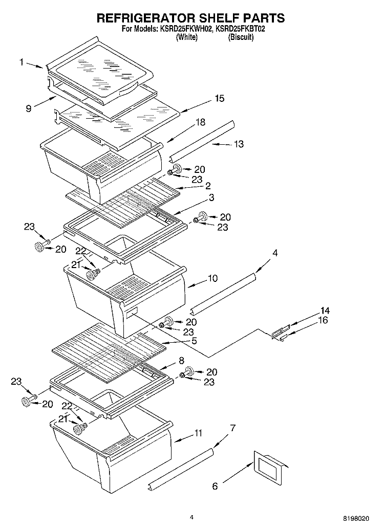 REFRIGERATOR SHELF Diagram and Parts List for KSRD25FKBT02  KitchenAid Refrigerator