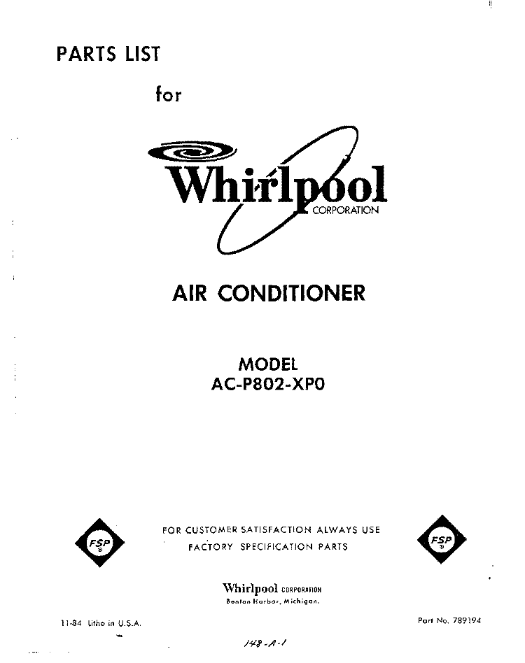 COVER Diagram and Parts List for ACP802XP0  Whirlpool Air Conditioner