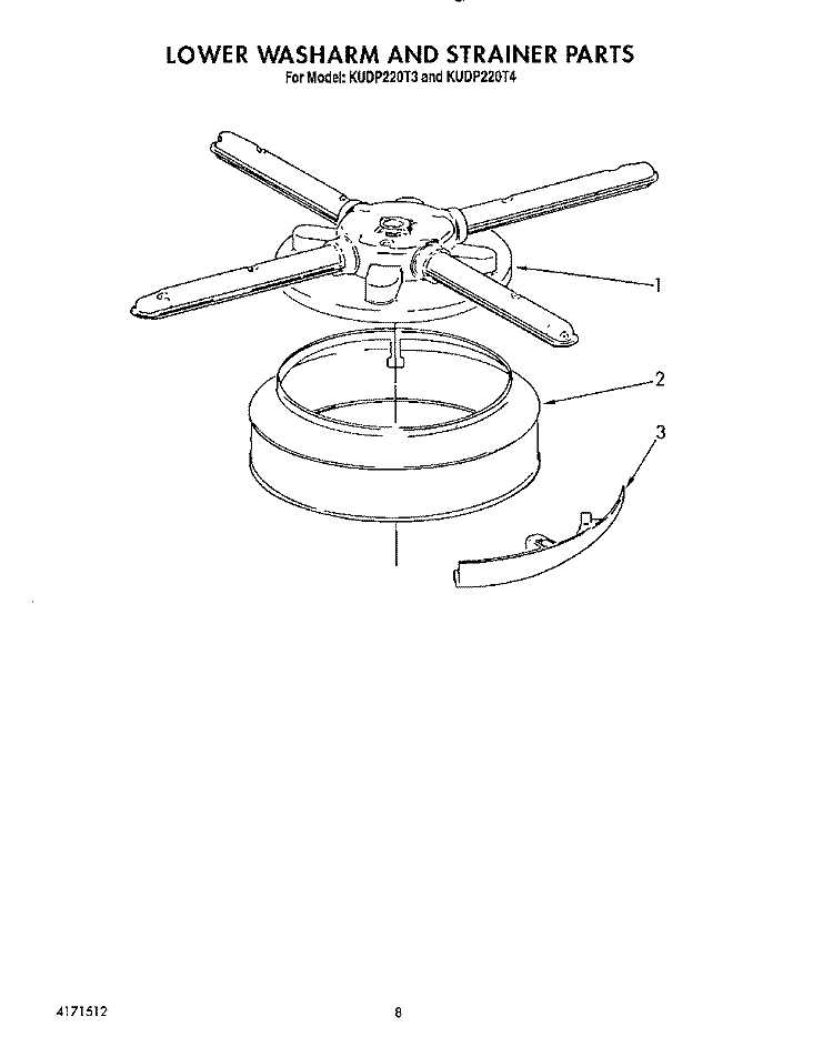 LOWER WASHARM AND STRAINER Diagram and Parts List for KUDP220T3  KitchenAid Dishwasher