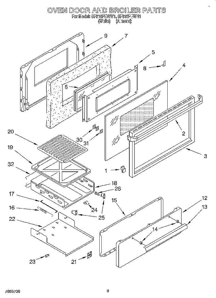 OVEN DOOR AND BROILER Diagram and Parts List for SF318PEWW1  Whirlpool Range