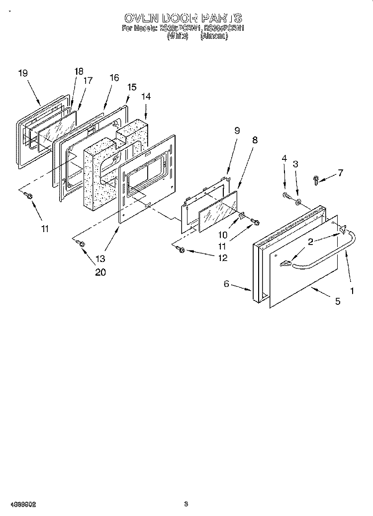 OVEN DOOR Diagram and Parts List for RS385PCBW1  Whirlpool Range