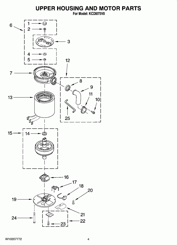 UPPER HOUSING AND MOTOR PARTS Diagram and Parts List for KCDI075V0  KitchenAid Food Waste Disposer