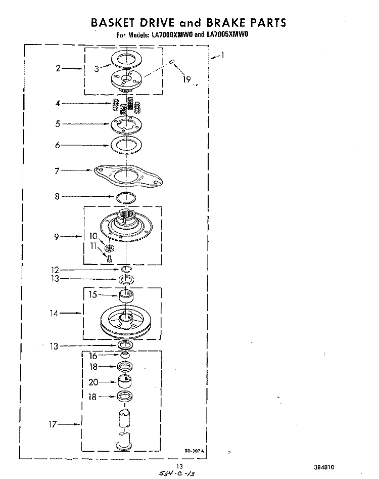 BASKET DRIVE AND BRAKE Diagram and Parts List for LA7005XMW0  Whirlpool Washer