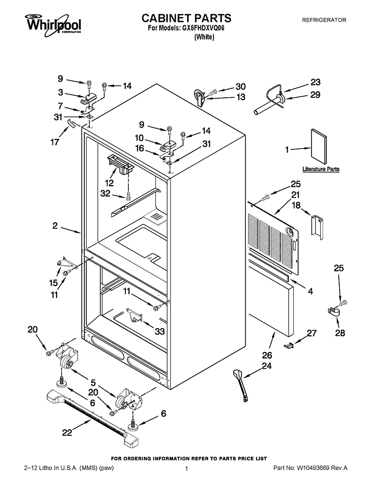 CABINET PARTS Diagram and Parts List for GX5FHDXVQ06  Whirlpool Refrigerator