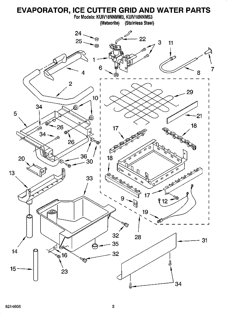 EVAPORATOR, ICE CUTTER GRID AND WATER PARTS Diagram and Parts List for KUIV18NNMM3  KitchenAid Ice Maker
