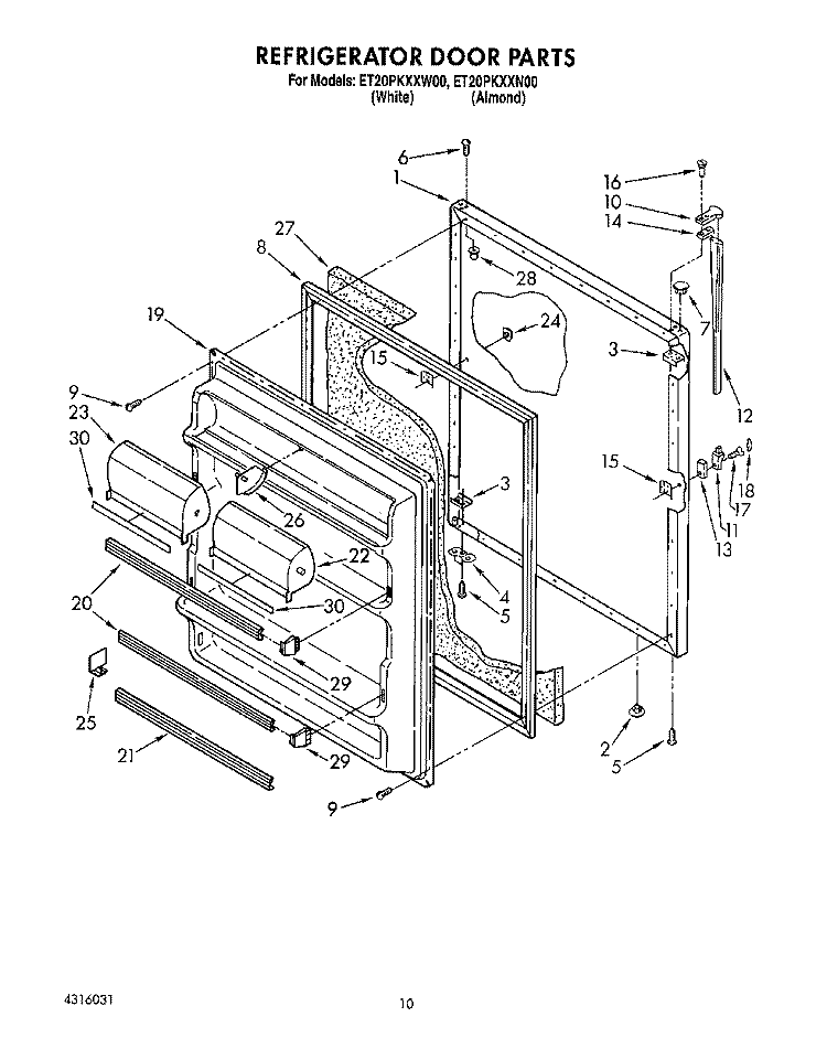 REFRIGERATOR DOOR, LIT/OPTIONAL Diagram and Parts List for ET20PKXXW00  Whirlpool Refrigerator