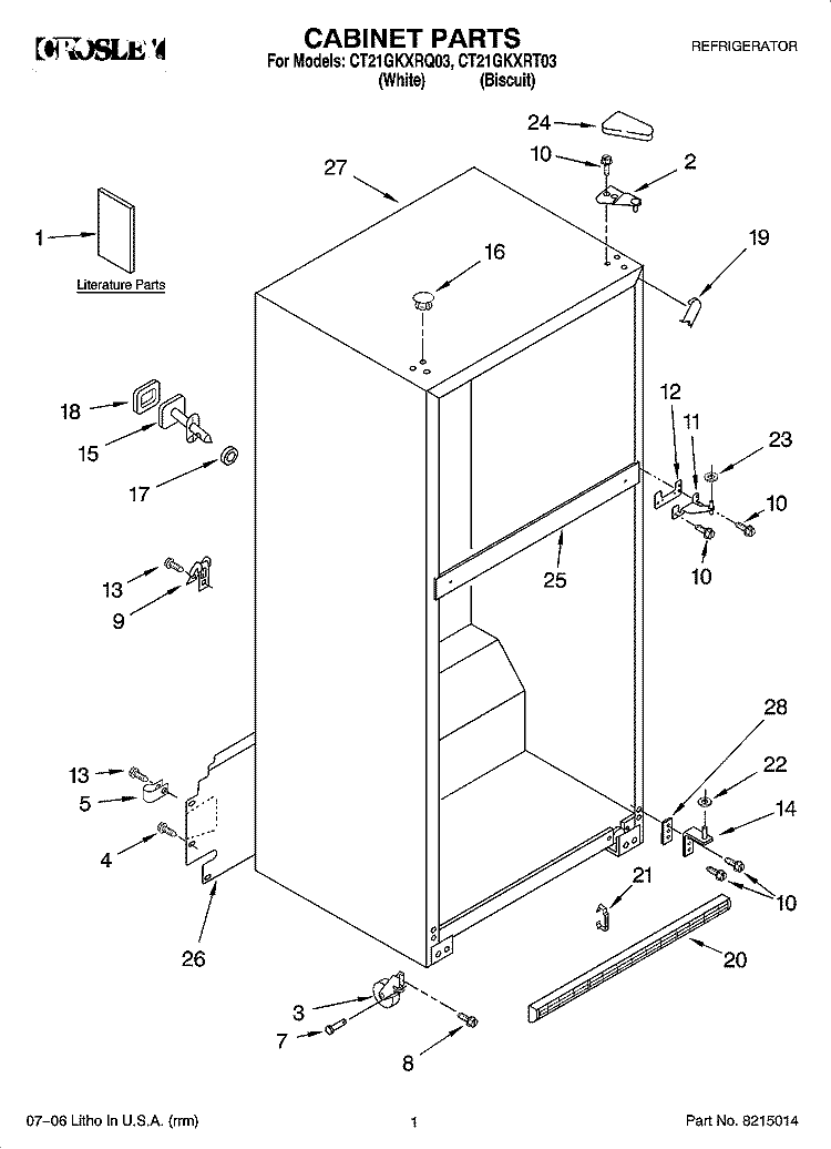 CABINET PARTS Diagram and Parts List for CT21GKXRT03  Crosley Refrigerator