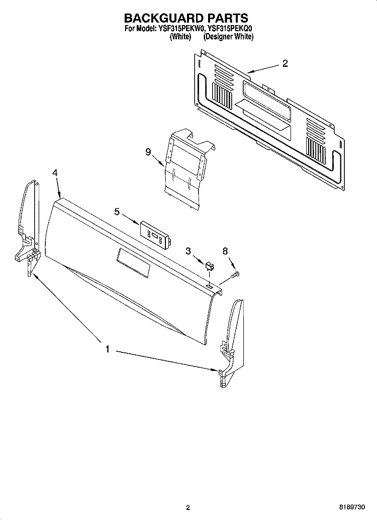 BACKGUARD PARTS Diagram and Parts List for YSF315PEKQ0  Whirlpool Range