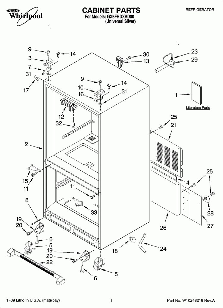 CABINET PARTS Diagram and Parts List for GX5FHDXVD00  Whirlpool Refrigerator