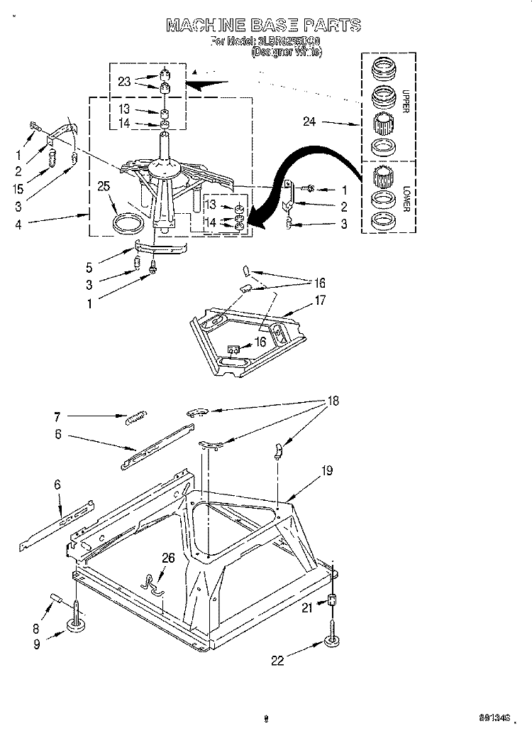 MACHINE BASE Diagram and Parts List for 3LBR8255DQ0  Whirlpool Washer