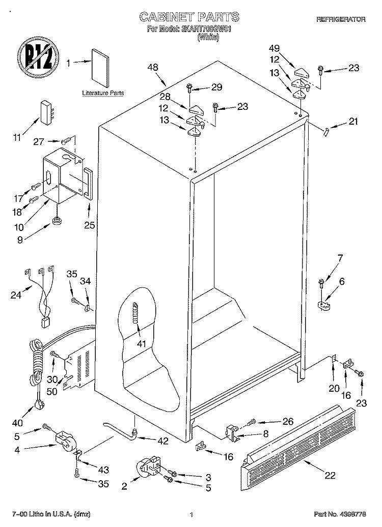 CABINET, LITERATURE Diagram and Parts List for 3KART700GW01  Whirlpool Refrigerator