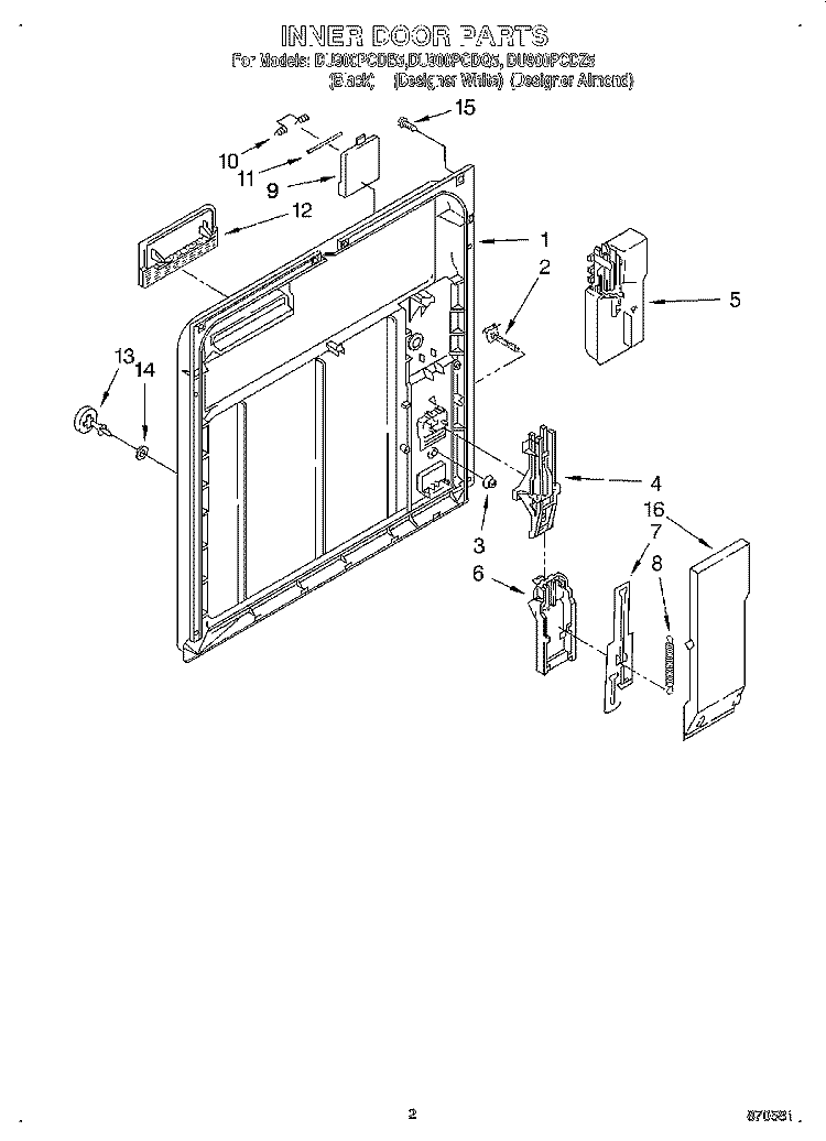 INNER DOOR Diagram and Parts List for DU900PCDB5  Whirlpool Dishwasher