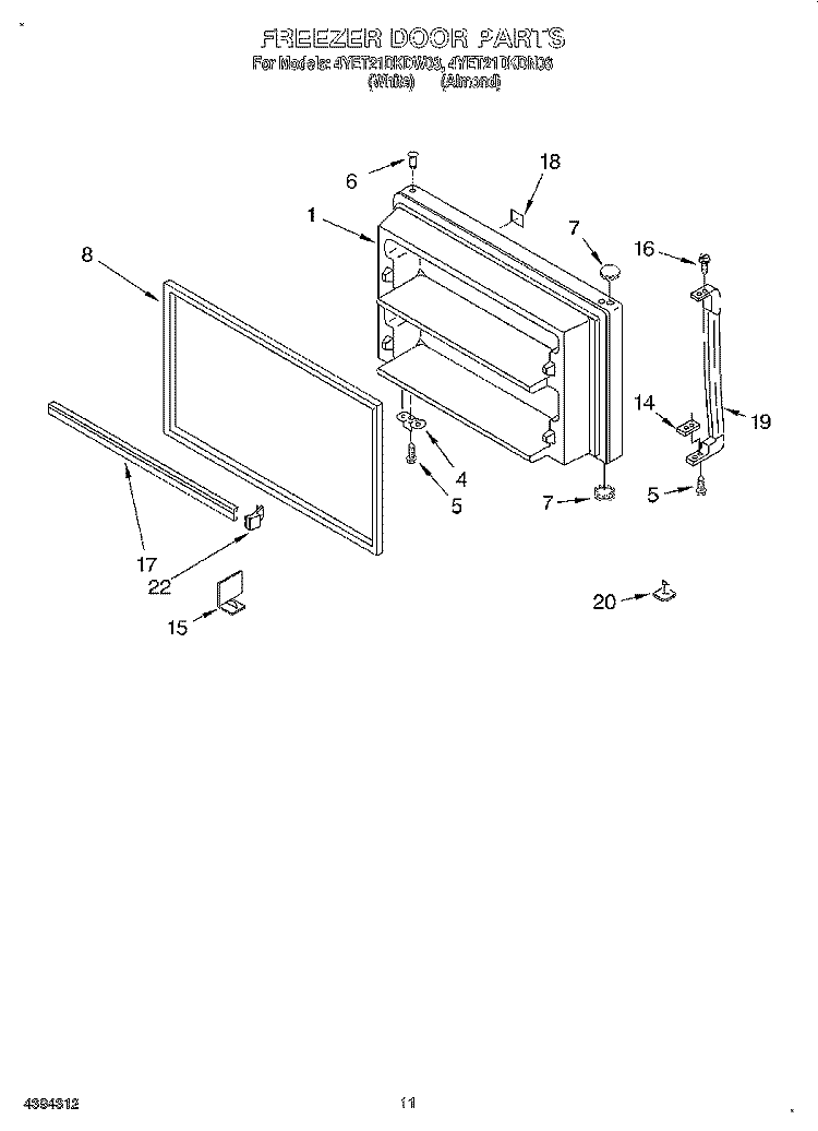 FREEZER DOOR, LIT/OPTIONAL Diagram and Parts List for 4YET21DKDN03  Whirlpool Refrigerator