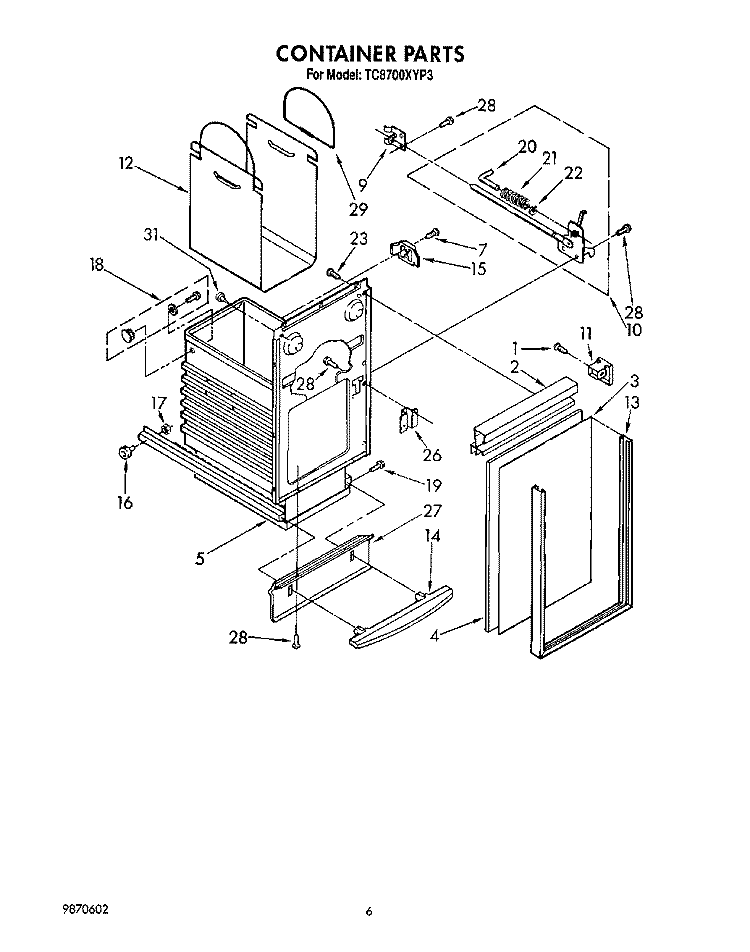 CONTAINER Diagram and Parts List for TC8700XYP3  Whirlpool Trash Compactor