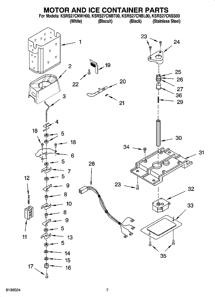 MOTOR AND ICE CONTAINER PARTS Diagram and Parts List for KSRS27CNSS00  KitchenAid Refrigerator