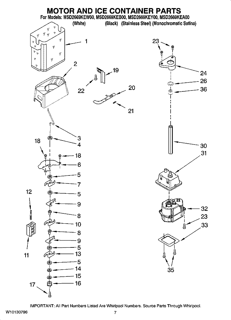 MOTOR AND ICE CONTAINER PARTS Diagram and Parts List for MSD2669KEY00  Whirlpool Refrigerator