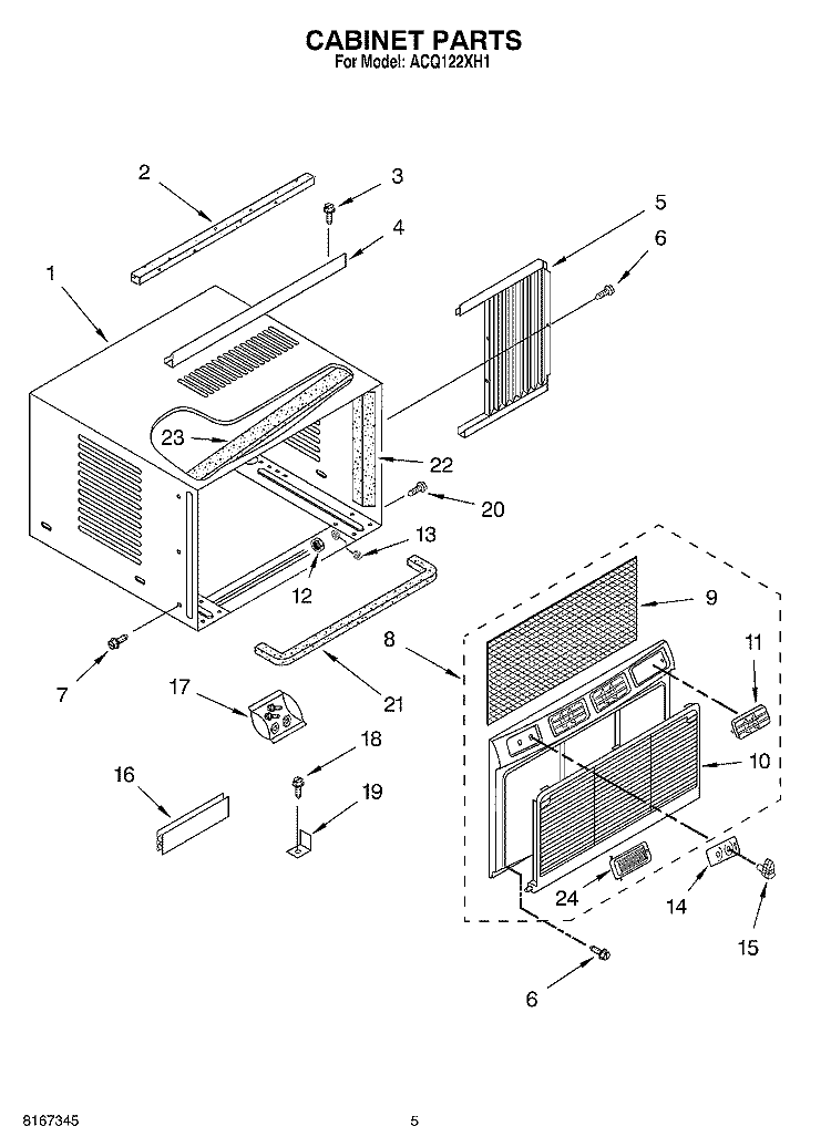 CABINET PARTS Diagram and Parts List for ACQ122XH1  Whirlpool Air Conditioner