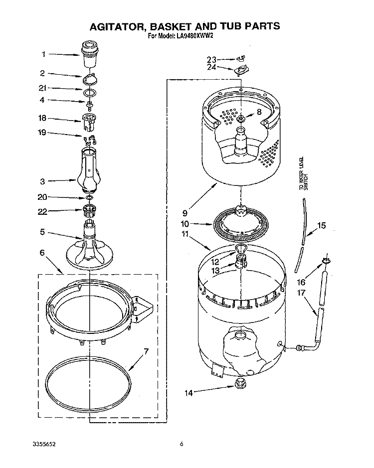 AGITATOR, BASKET AND TUB Diagram and Parts List for LA9480XWF2  Whirlpool Washer