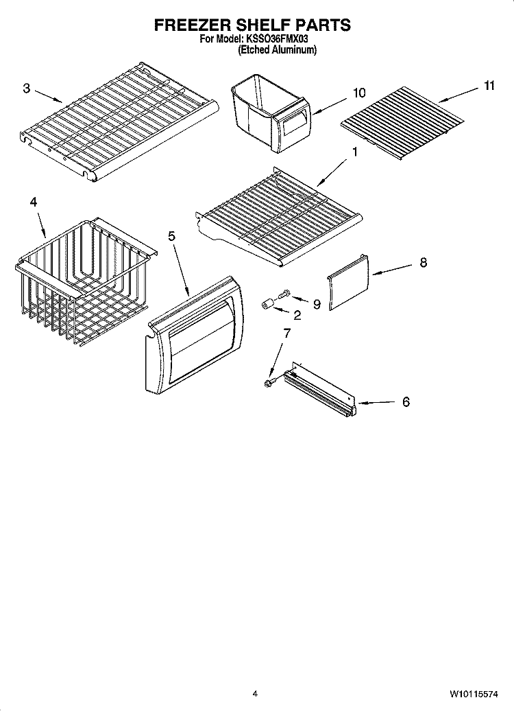 FREEZER SHELF PARTS Diagram and Parts List for KSSO36FMX03  KitchenAid Refrigerator