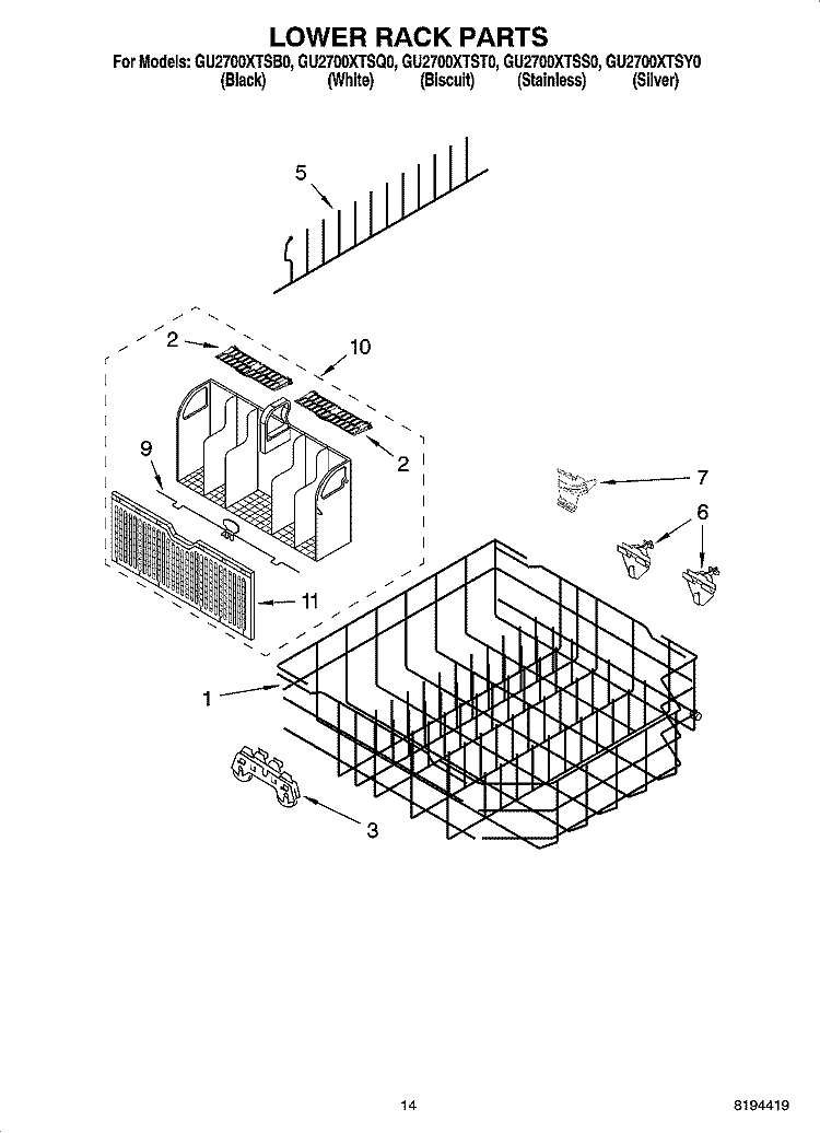 LOWER RACK PARTS, OPTIONAL PARTS (NOT INCLUDED) Diagram and Parts List for GU2700XTSY0  Whirlpool Dishwasher