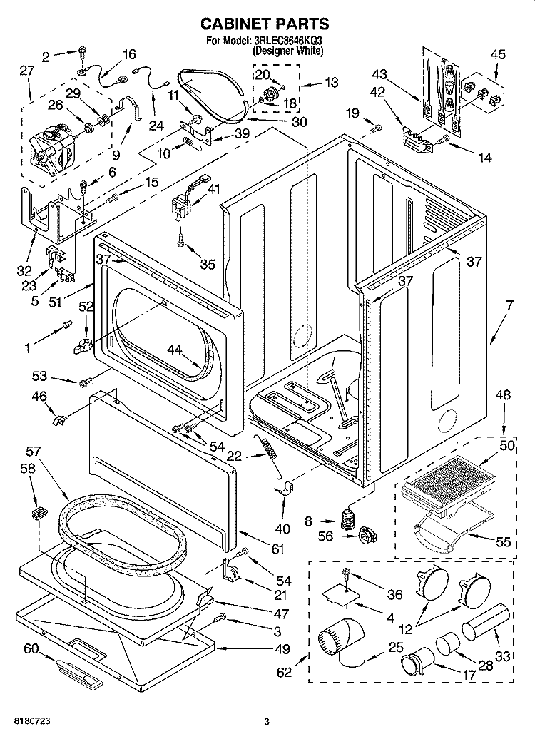 CABINET PARTS Diagram and Parts List for 3RLEC8646KQ3  Whirlpool Dryer