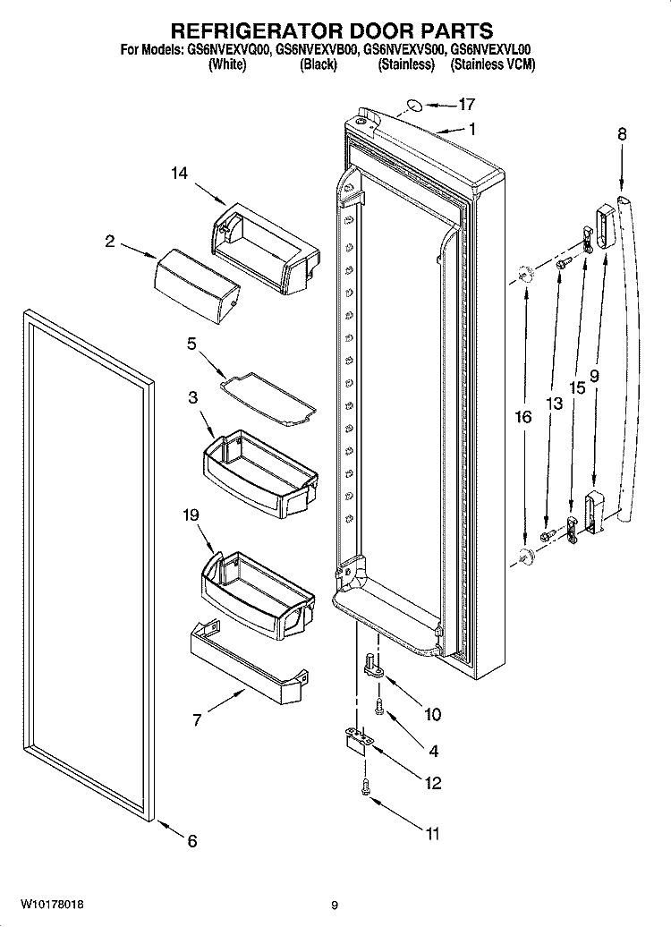REFRIGERATOR DOOR PARTS Diagram and Parts List for GS6NVEXVB00  Whirlpool Refrigerator