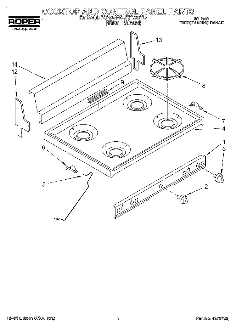 COOKTOP AND CONTROL PANEL, LITERATURE Diagram and Parts List for FGP320YW2  Roper Range