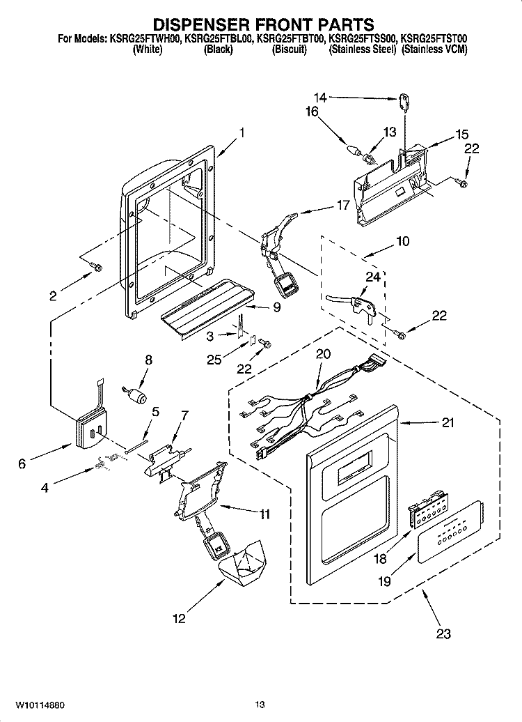 DISPENSER FRONT PARTS Diagram and Parts List for KSRG25FTSS00  KitchenAid Refrigerator