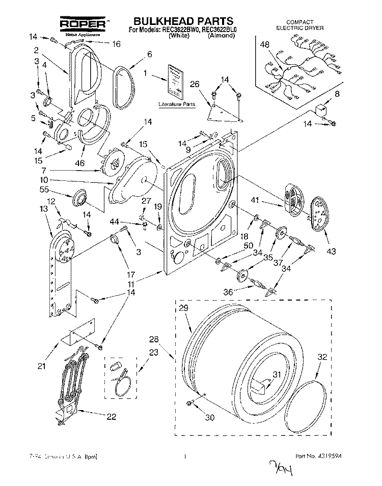 SECTION Diagram and Parts List for REC3622BL0  Roper Dryer