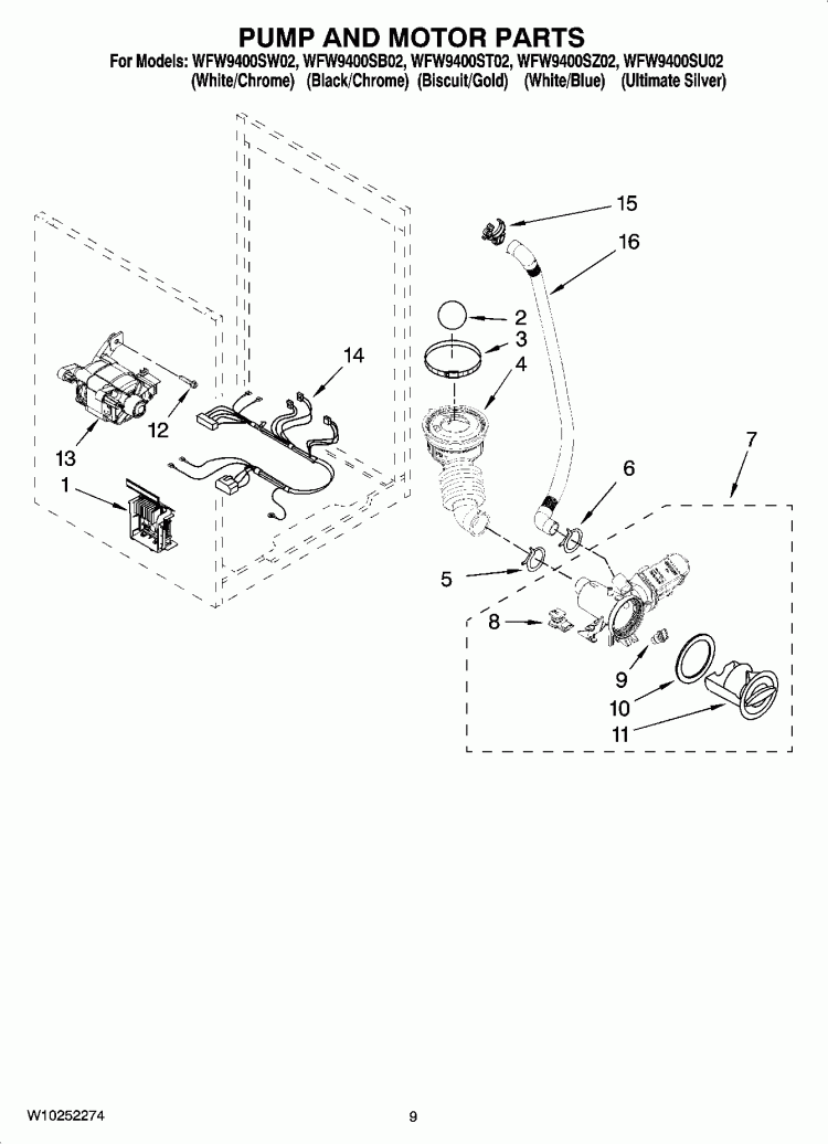 PUMP AND MOTOR PARTS Diagram and Parts List for WFW9400ST02  Whirlpool Washer