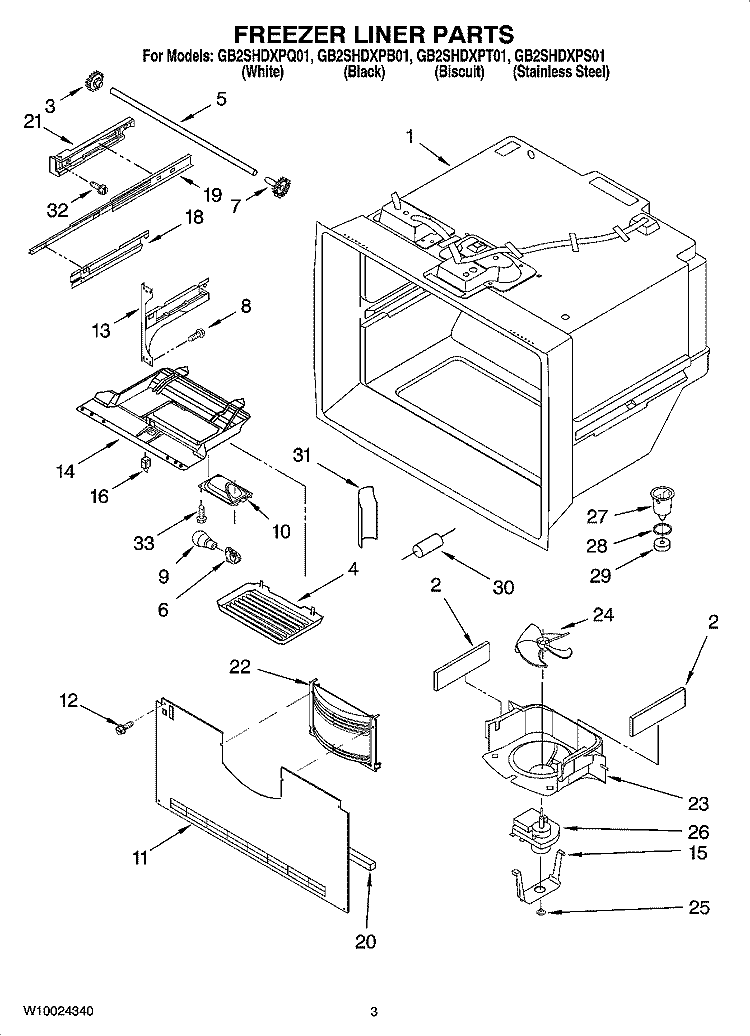 FREEZER LINER PARTS Diagram and Parts List for GB2SHDXPQ01  Whirlpool Refrigerator