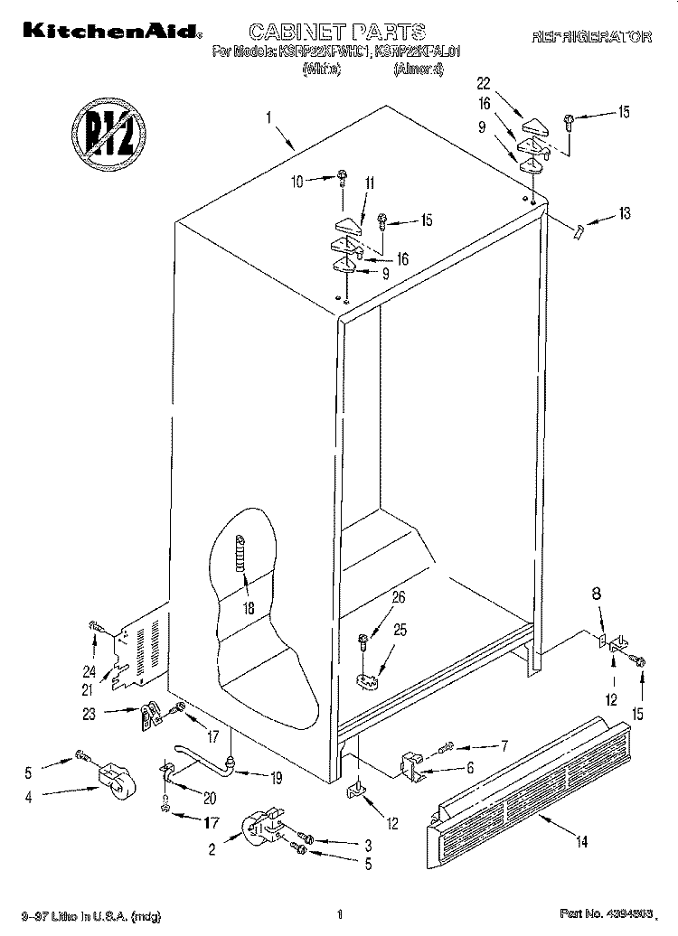 CABINET Diagram and Parts List for KSRP22KFAL01  KitchenAid Refrigerator