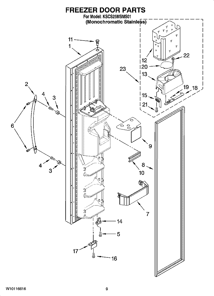 FREEZER DOOR PARTS Diagram and Parts List for KSCS25MSMS01  KitchenAid Refrigerator