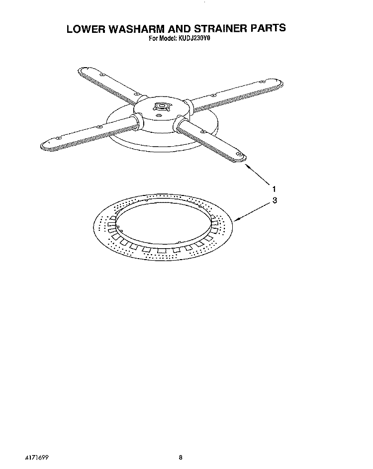 LOWER WASHARM AND STRAINER Diagram and Parts List for KUDJ230Y0  KitchenAid Dishwasher