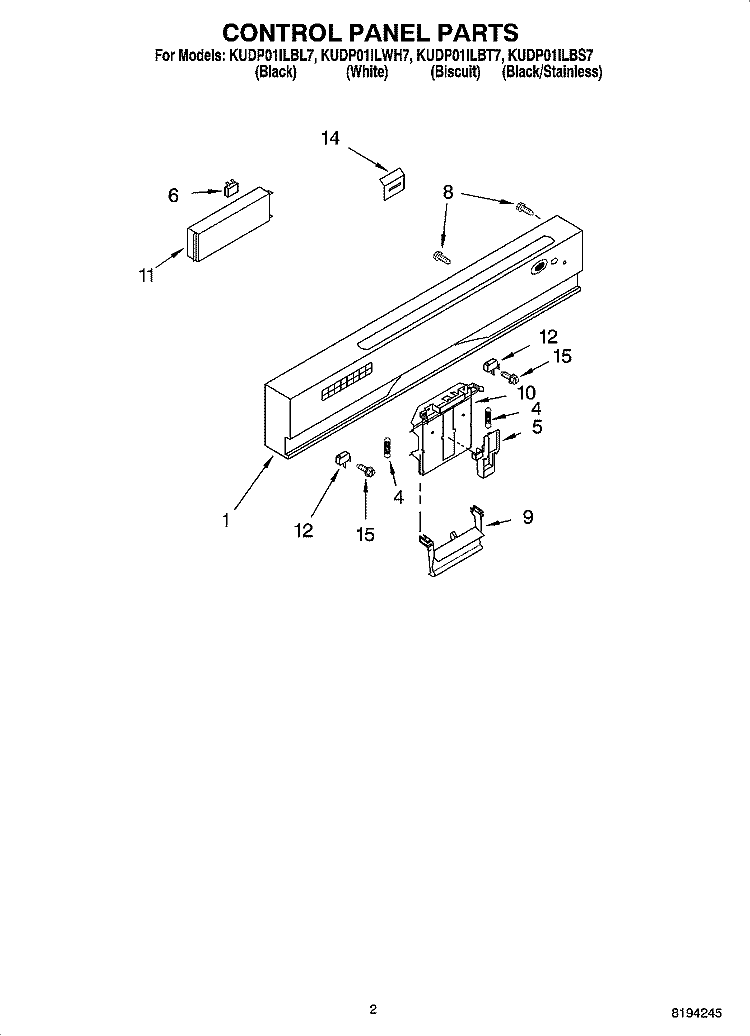 CONTROL PANEL PARTS Diagram and Parts List for KUDP01ILBT7  KitchenAid Dishwasher