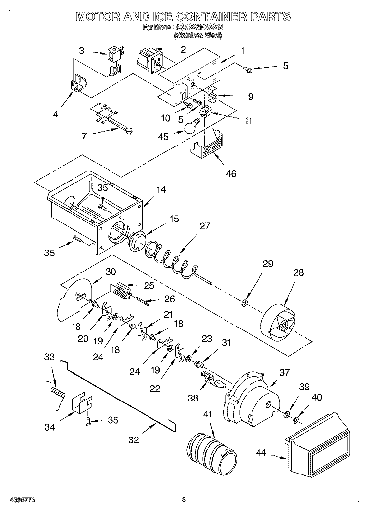 MOTOR AND ICE CONTAINER Diagram and Parts List for KSRS22FGSS14  KitchenAid Refrigerator
