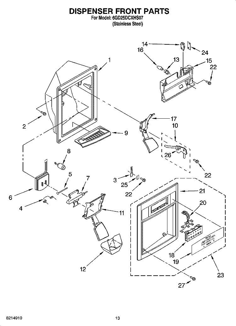 DISPENSER FRONT PARTS Diagram and Parts List for 6GD25DCXHS07  Whirlpool Refrigerator