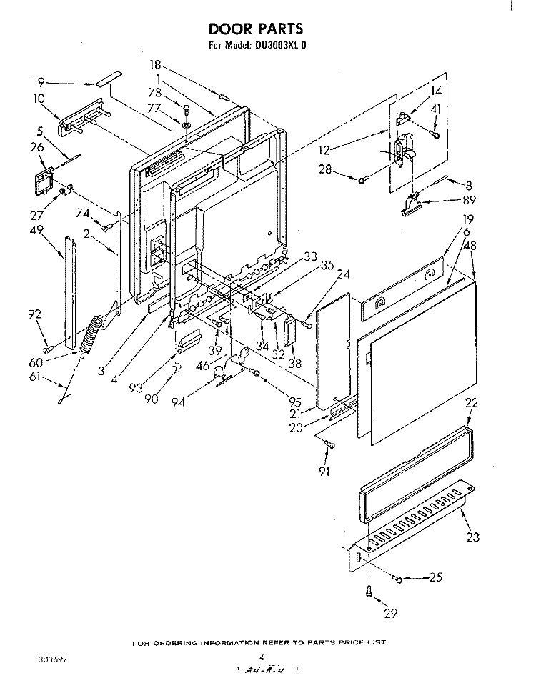 DOOR Diagram and Parts List for DU3003XL0  Whirlpool Dishwasher