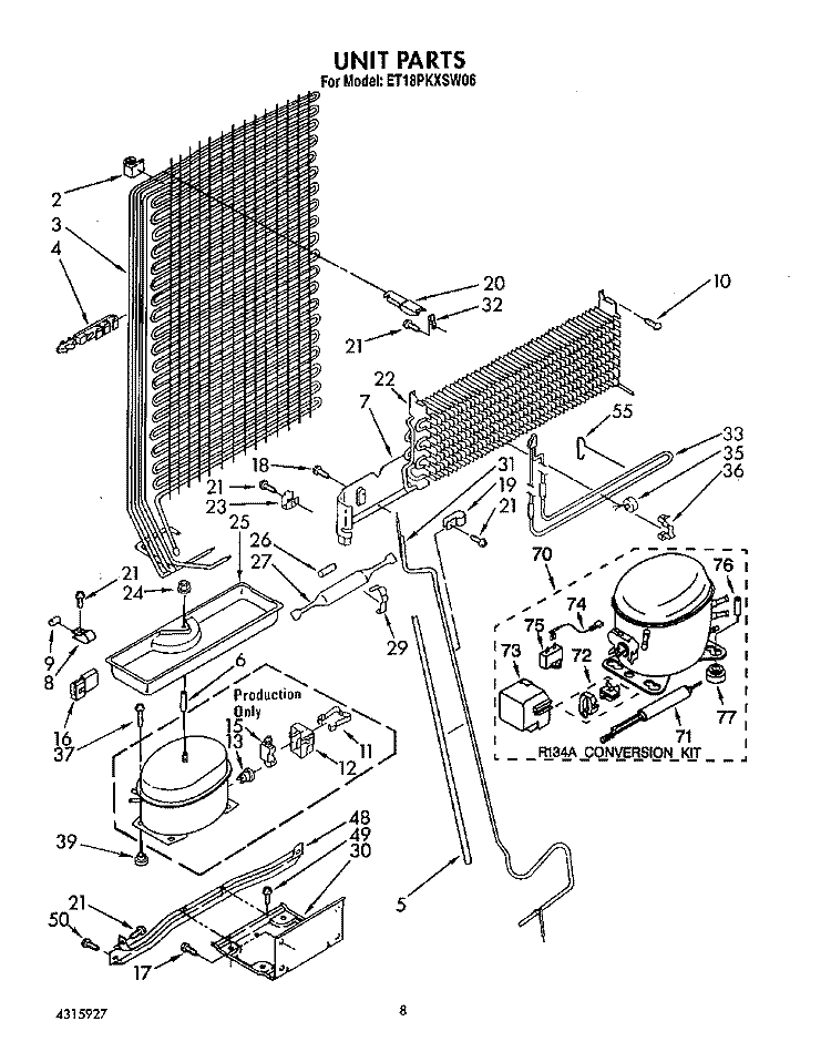 UNIT Diagram and Parts List for ET18PKXSW06  Whirlpool Refrigerator