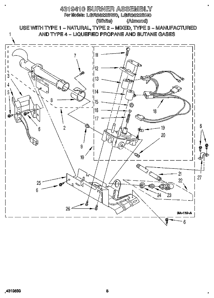 4319410 BURNER ASSEMBLY Diagram and Parts List for LGR3622BN0  Whirlpool Dryer