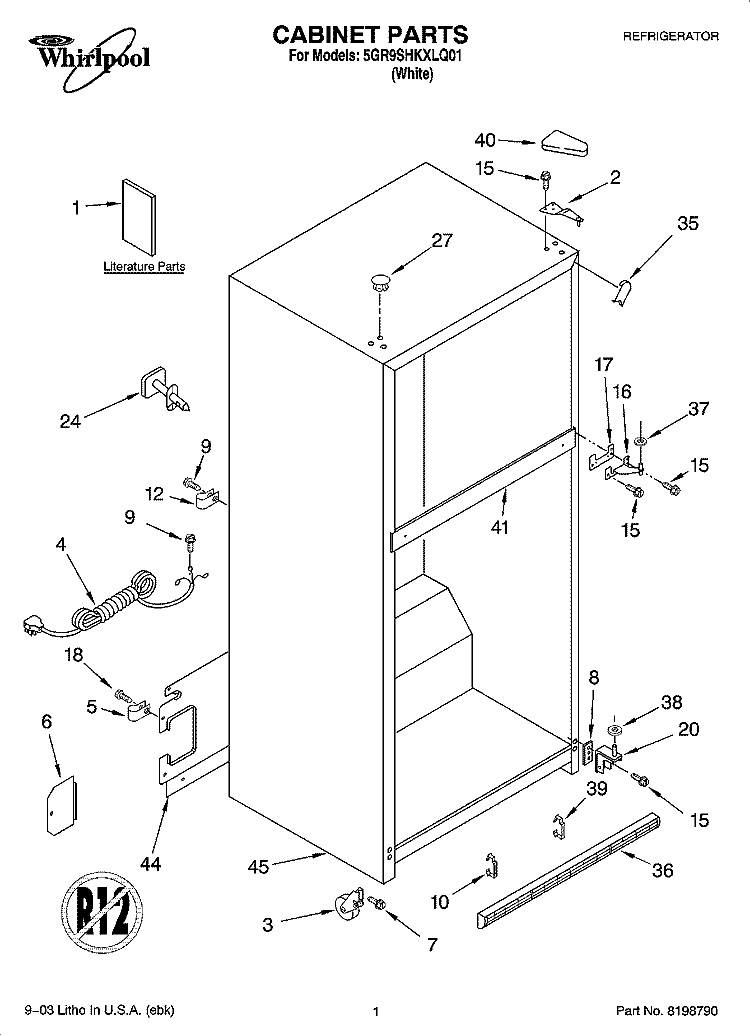 CABINET PARTS Diagram and Parts List for 5GR9SHKXLQ01  Whirlpool Refrigerator