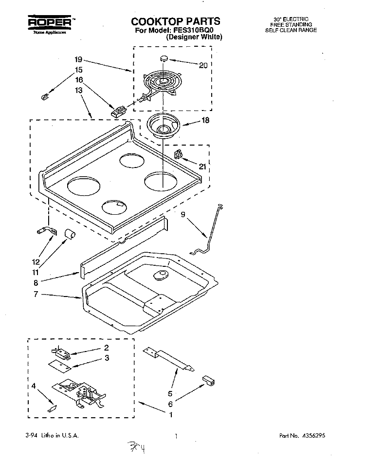 COOKTOP Diagram and Parts List for FES310BQ0  Roper Range