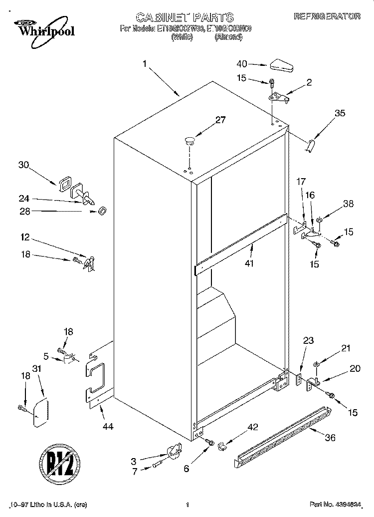 CABINET Diagram and Parts List for ET18GKXGN00  Whirlpool Refrigerator