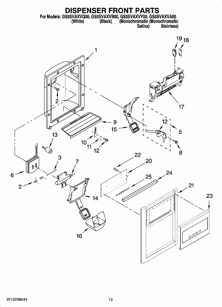 DISPENSER FRONT PARTS Diagram and Parts List for GS5SVAXVB00  Whirlpool Refrigerator
