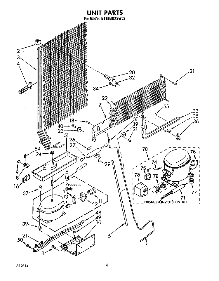 UNIT Diagram and Parts List for ET18GKXSW02  Whirlpool Refrigerator
